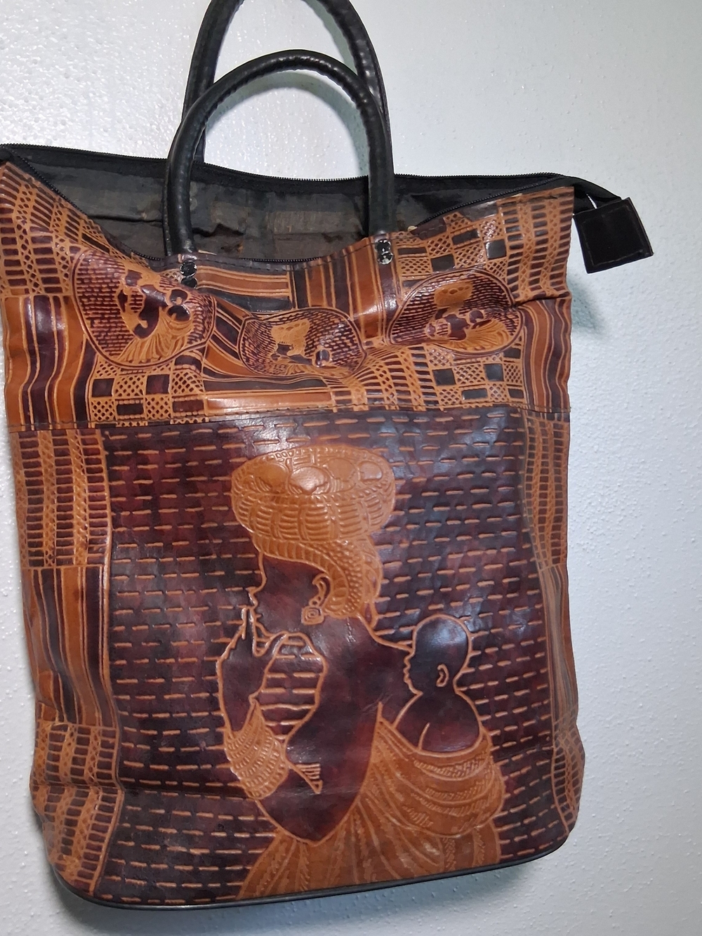 Artisan Brown Leather Tote with Mother & Child Embossing